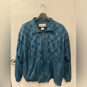 Vintage rafael Teal Windbreaker w/ Sheer Lattice Print & Gold Studs 🌬 🟡